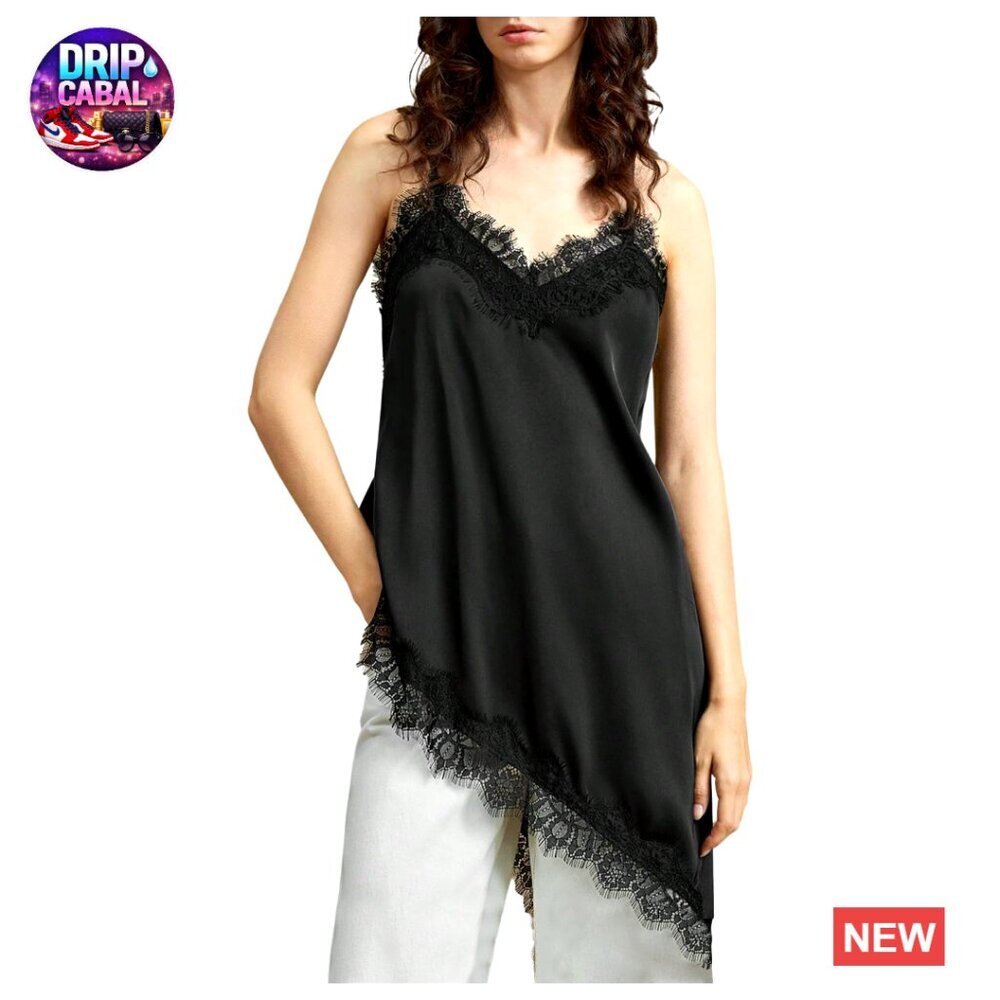 Satin Camisole Top Asymmetrical Hem Lace Trim Y2K Chic Sleeveless Blouse